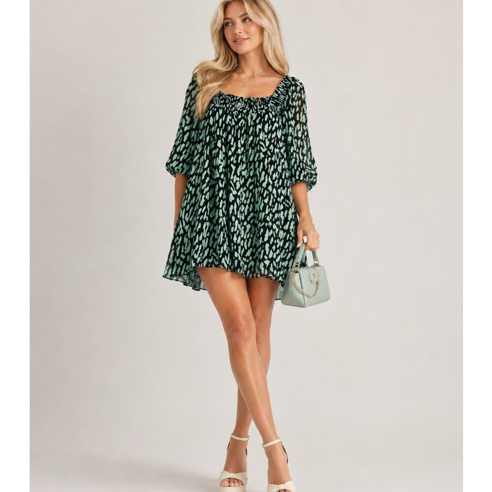 Diane Von Furstenberg Green Black Babydoll Mini Dress Women L Casual Puff Sleeve